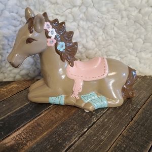 Brown Ceramic Horse Piggy Bank Fancy Resting Pony